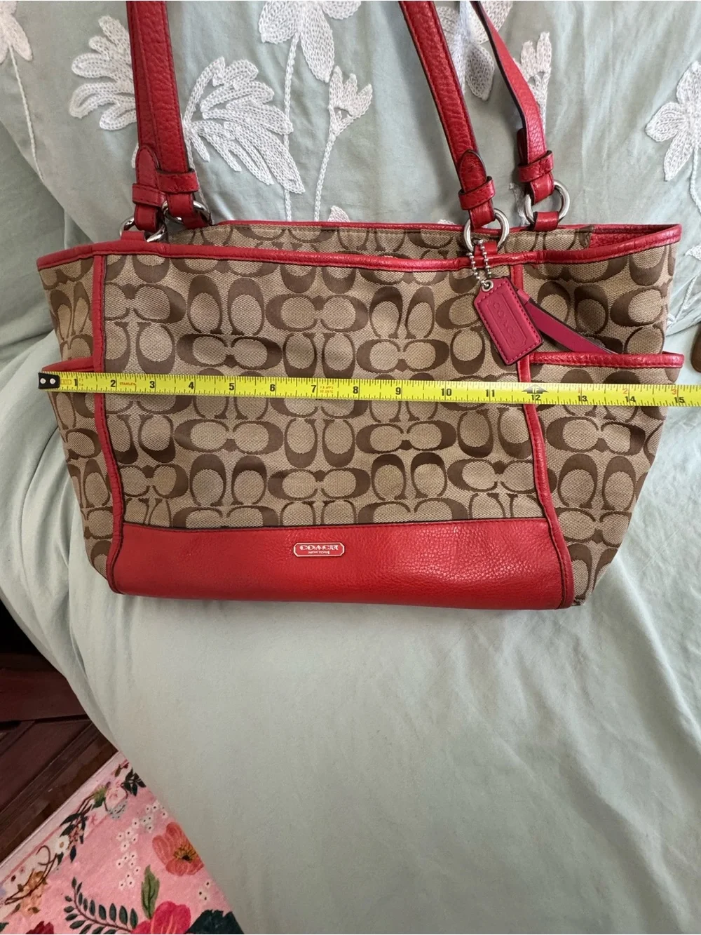 Coach Brown Signature Canvas Tote with Orange Leather Trim